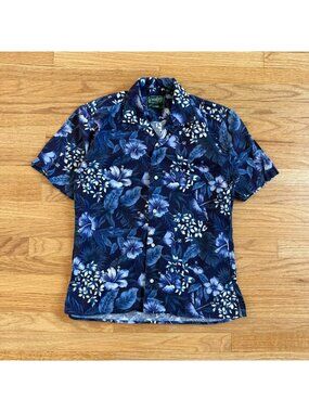 Gitman Bros. Vintage Blue Hibiscus Hawaiian Short Sleeve Button Up Shirt